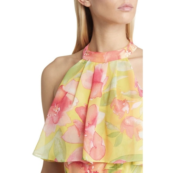 NWT Eliza J Floral Halter Neck High-low Chiffon Dress In Yellow - Picture 5 of 7